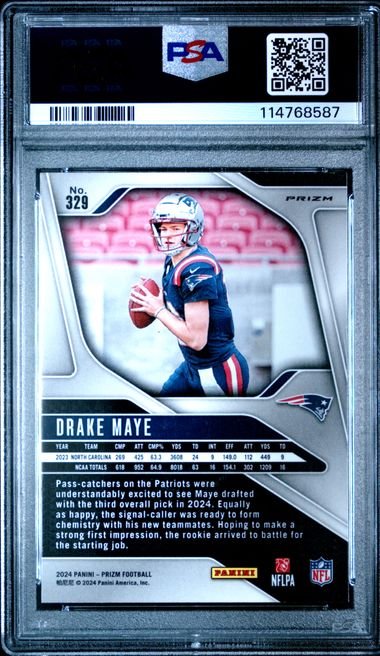 Graded 2024 Panini Prizm Drake Maye #329 Red White Blue Prizm Rookie RC Football Card PSA 10 Gem Mint