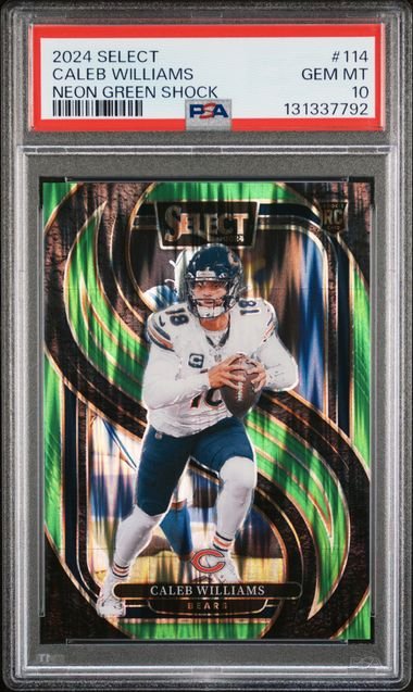 Graded 2024 Panini Select Caleb Williams #114 Neon Green Shock /499 Rookie RC Football Card PSA 10 Gem Mint