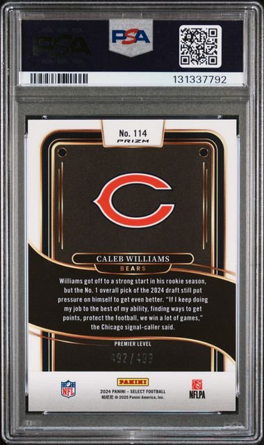 Graded 2024 Panini Select Caleb Williams #114 Neon Green Shock /499 Rookie RC Football Card PSA 10 Gem Mint