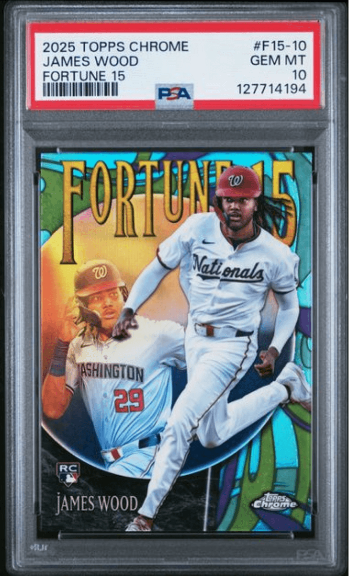 Graded 2025 Topps Chrome James Wood #F15-10 Fortune 15 Rookie RC Baseball Card PSA 10 Gem Mint