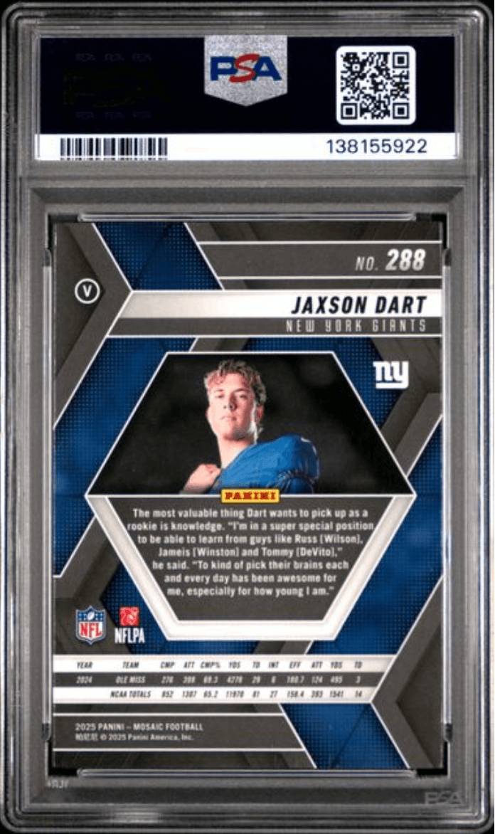 Graded 2025 Panini Mosaic Jaxson Dart #288 Rookie RC Football Card PSA 10 Gem Mint