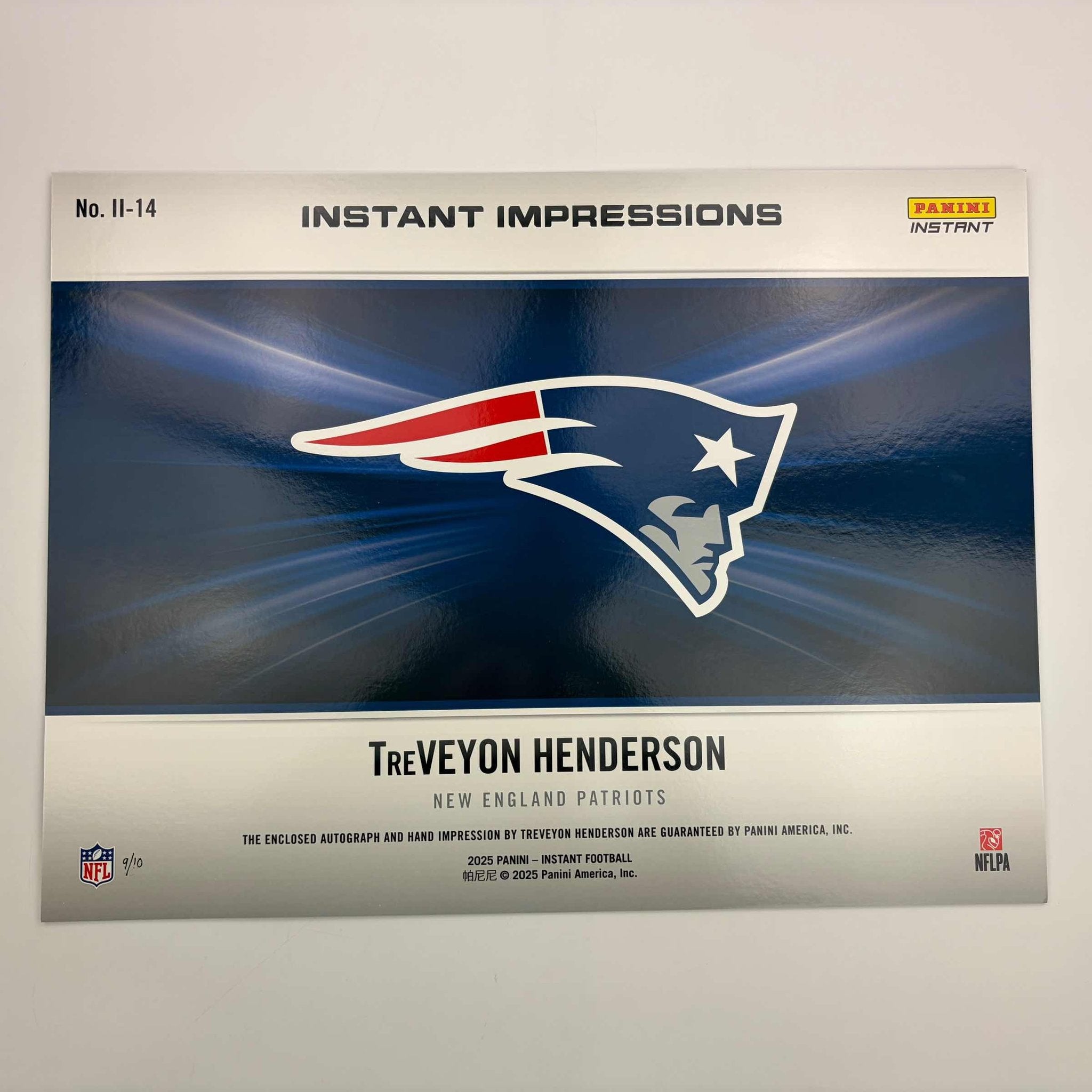 2025 Panini Instant Impressions NFL TreVeyon Henderson #II-13 18x24 Hand Print Autographed Auto /10 New England Patriots Rookie RC Oversized Football Card