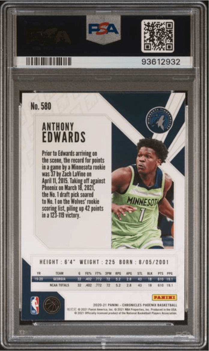 Graded 2020 Panini Chronicles Anthony Edwards #580 Rookie RC Basketball Card PSA 10 Gem Mint