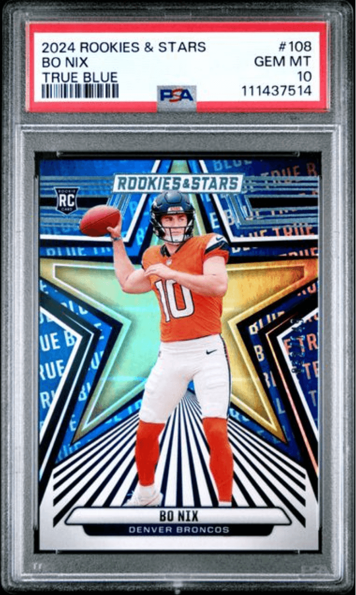 Graded 2024 Panini Rookies & Stars Bo Nix #108 True Blue /149 Rookie RC Football Card PSA 10 Gem Mint