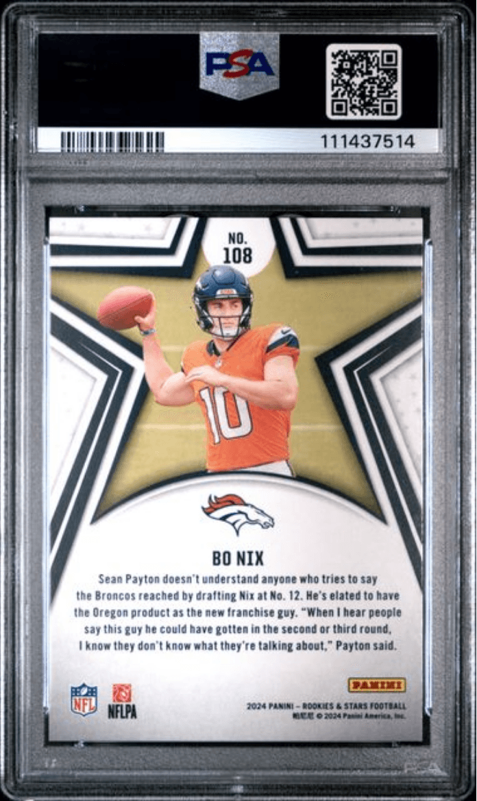 Graded 2024 Panini Rookies & Stars Bo Nix #108 True Blue /149 Rookie RC Football Card PSA 10 Gem Mint