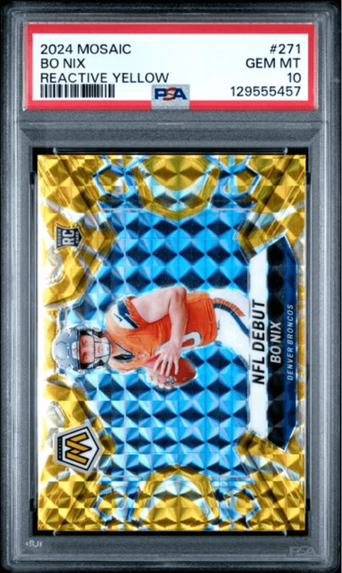 Graded 2024 Panini Mosaic Bo Nix #271 Reactive Yellow Rookie RC Football Card PSA 10 Gem Mint