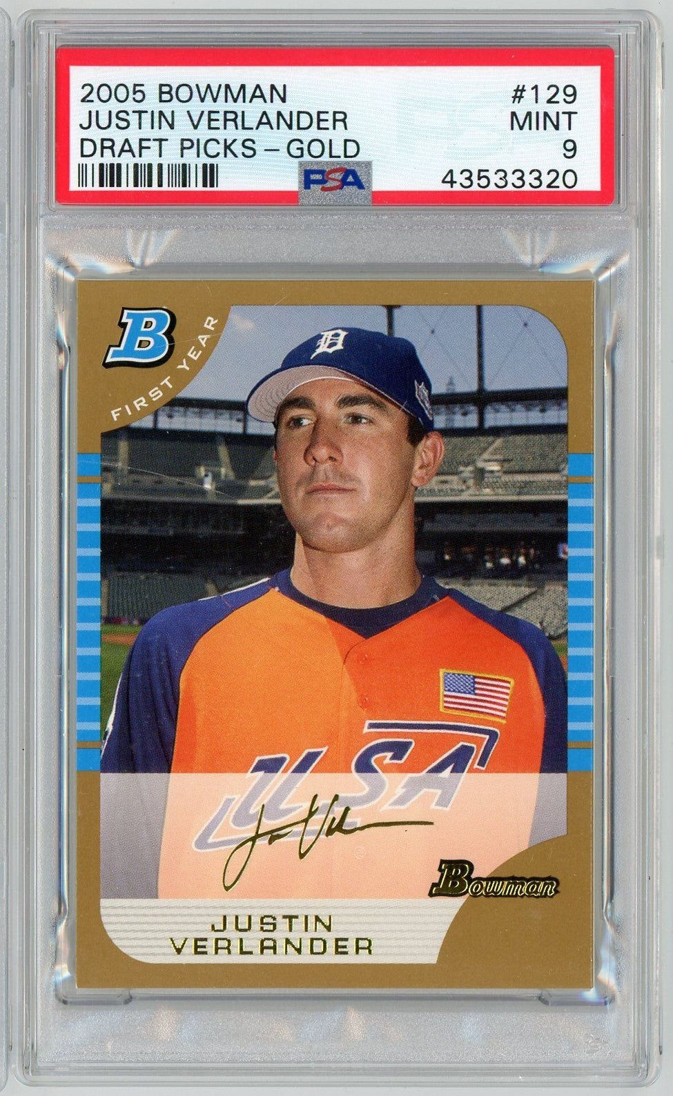 Graded 2005 Bowman Draft Picks Gold Justin Verlander #BDP129 Rookie RC Baseball Card PSA 9 Mint