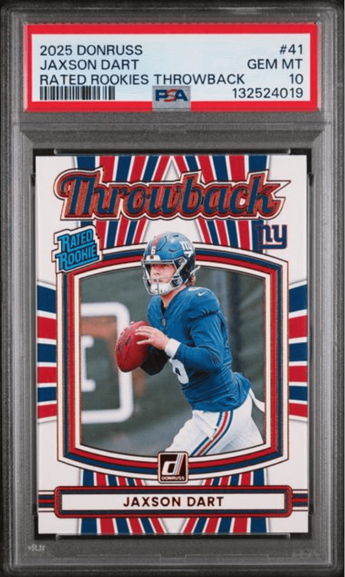 Graded 2025 Panini Donruss Jaxson Dart #41 Rated Rookies Throwback Rookie RC Football Card PSA 10 Gem Mint