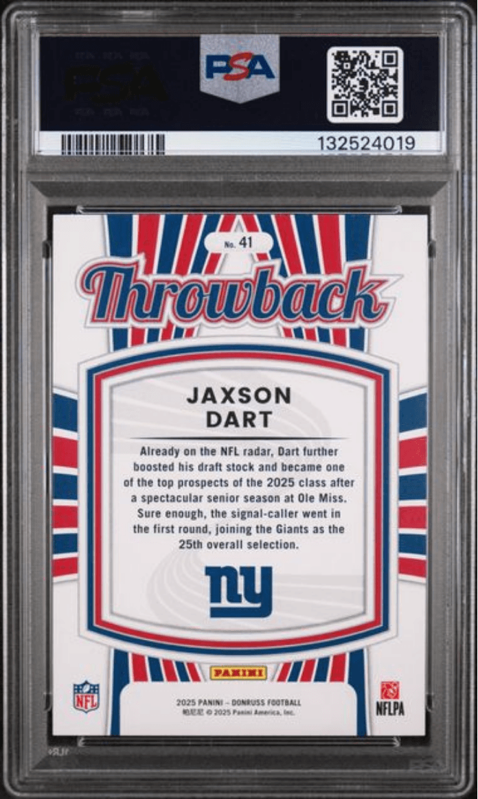 Graded 2025 Panini Donruss Jaxson Dart #41 Rated Rookies Throwback Rookie RC Football Card PSA 10 Gem Mint
