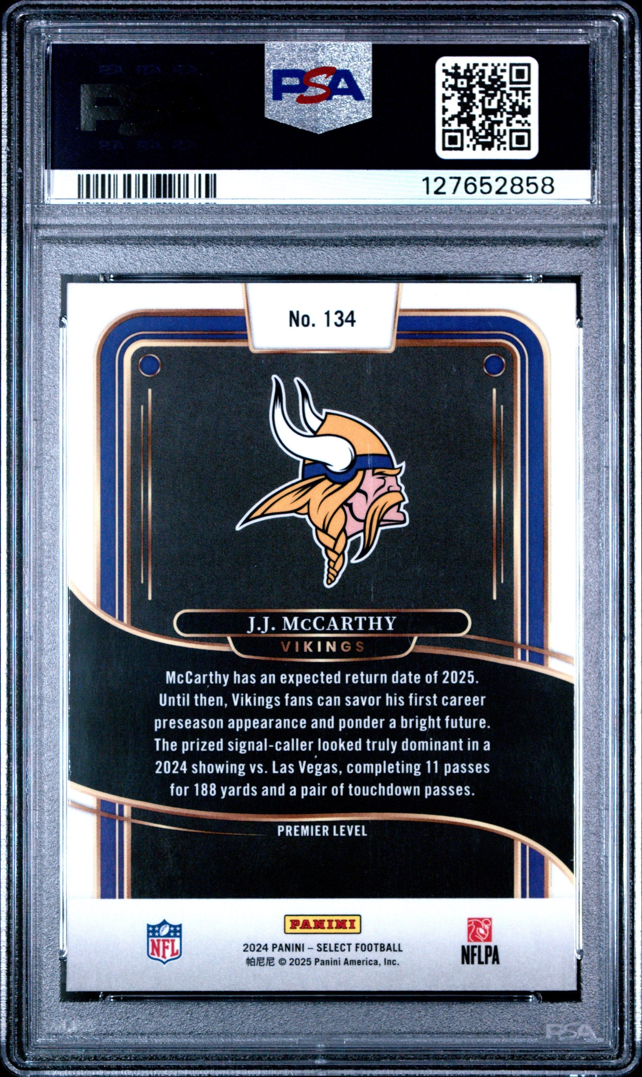 Graded 2024 Panini Select JJ McCarthy #134 Rookie RC Football Card PSA 9 Mint