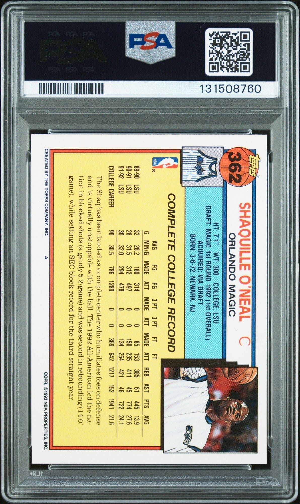 Graded 1992-93 Topps Shaquille O'Neal #362 Rookie RC Basketball Card PSA 10 Auto Grade Gem Mint