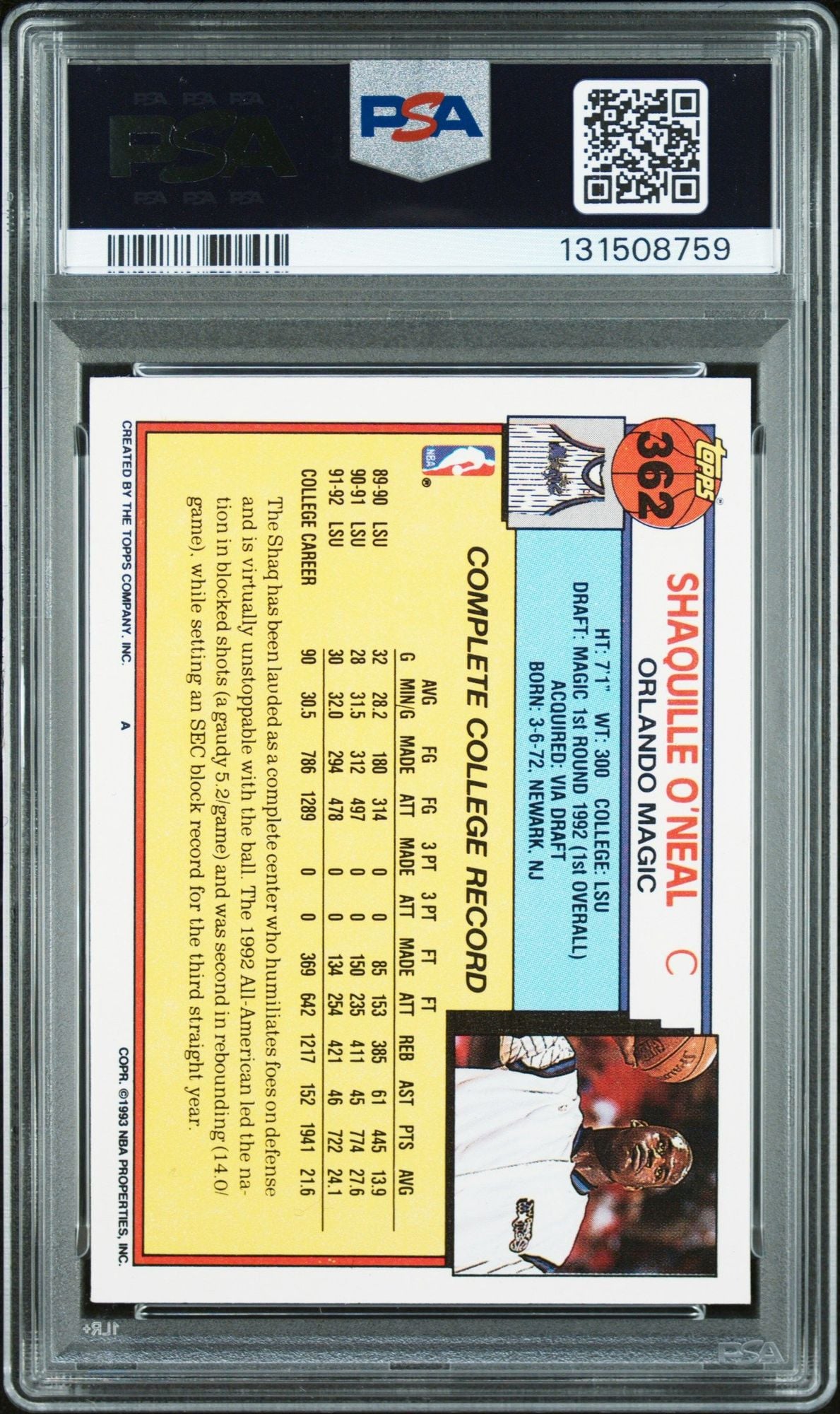 Graded 1992-93 Topps Shaquille O'Neal #362 Rookie RC Basketball Card PSA 10 Auto Grade Gem Mint