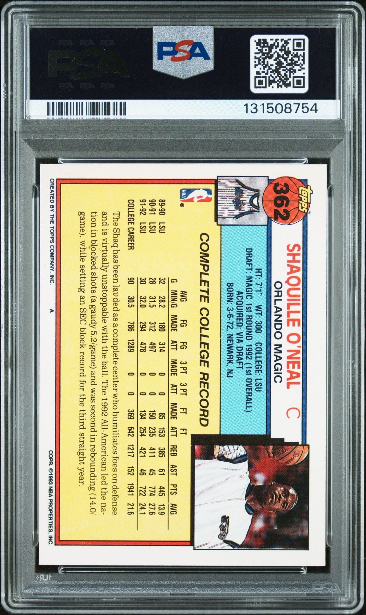 Graded 1992-93 Topps Shaquille O'Neal #362 Rookie RC Basketball Card PSA 10 Auto Grade Gem Mint