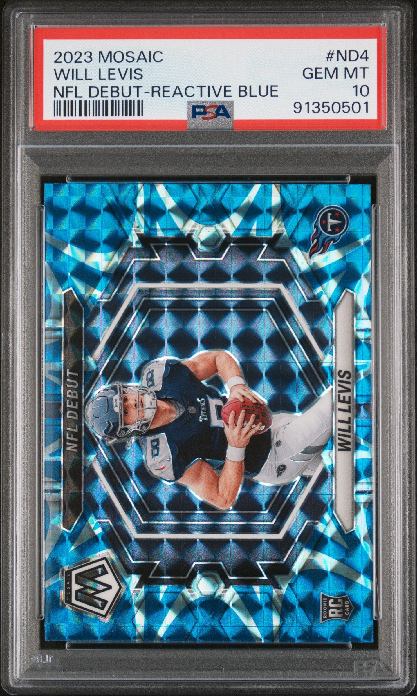 Graded 2023 Panini Mosaic Will Levis #ND4 NFL Debut Reactive Blue Rookie RC Football Card PSA 10 Gem Mint