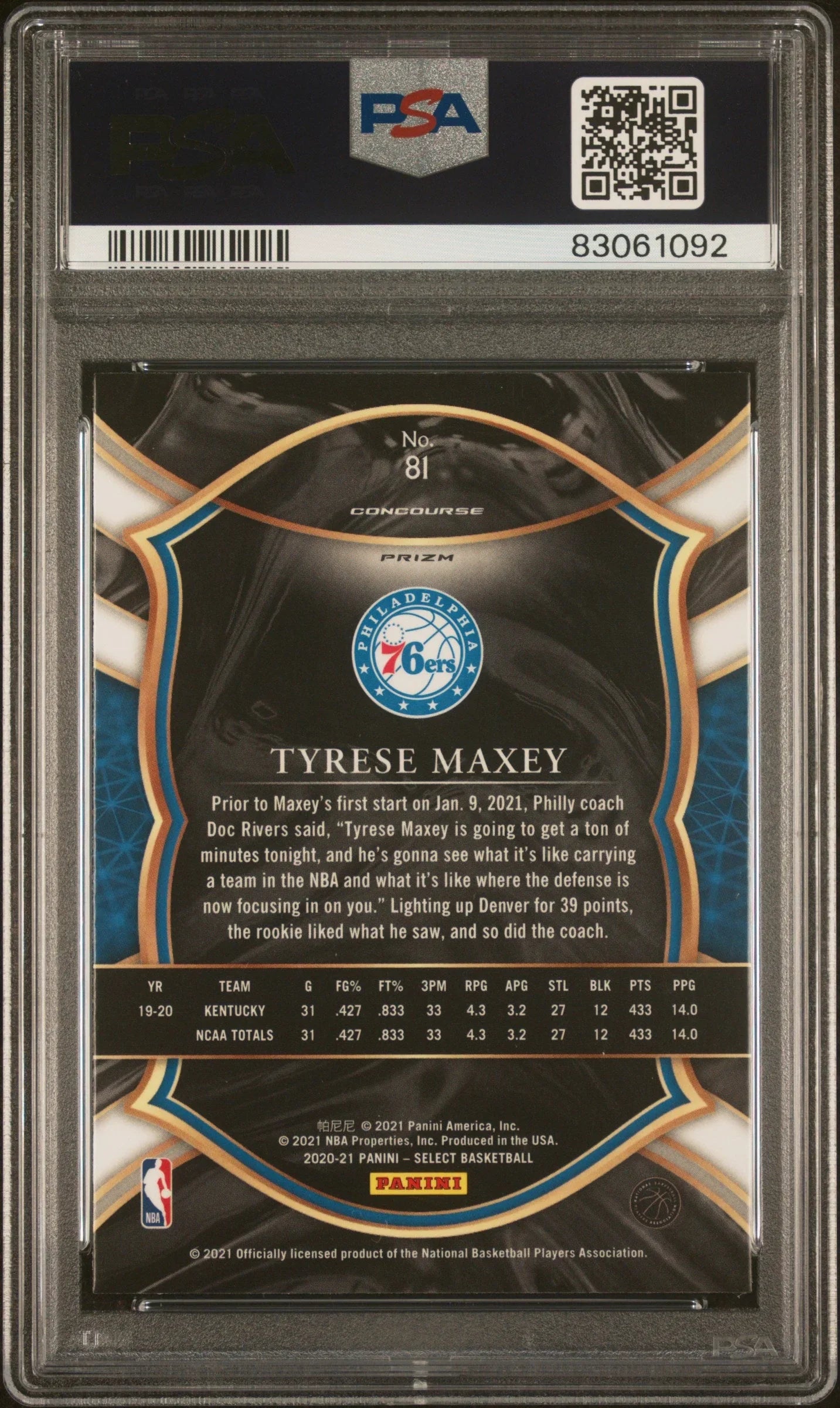 Graded 2020 Panini Select Tyrese Maxey #81 Red/White/Orange Shimmer Rookie RC Basketball Card PSA 10 Gem Mint