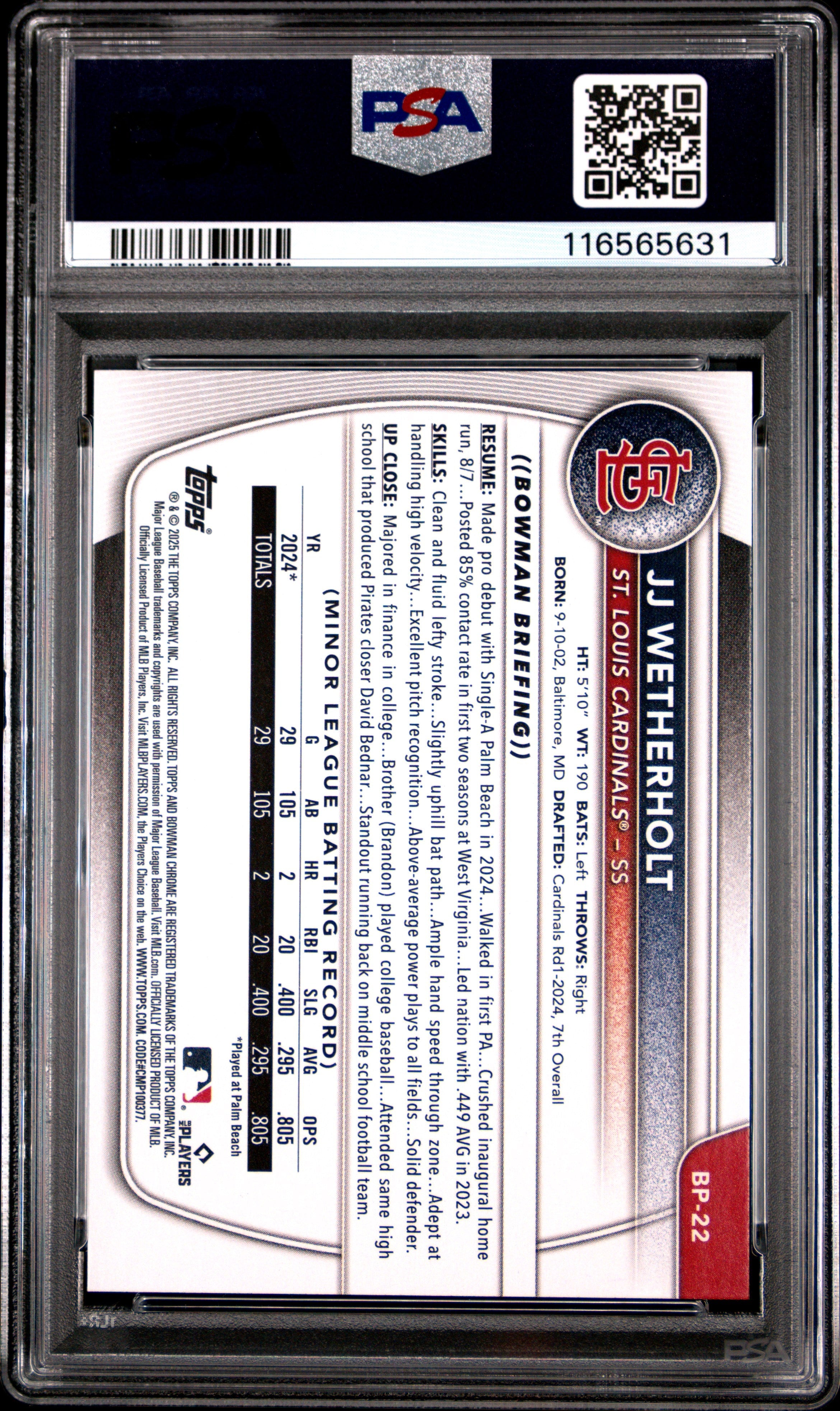 Graded 2025 Topps Bowman JJ Wetherholt #BP22 Paper Prospects Rookie RC Baseball Card PSA 10 Gem Mint