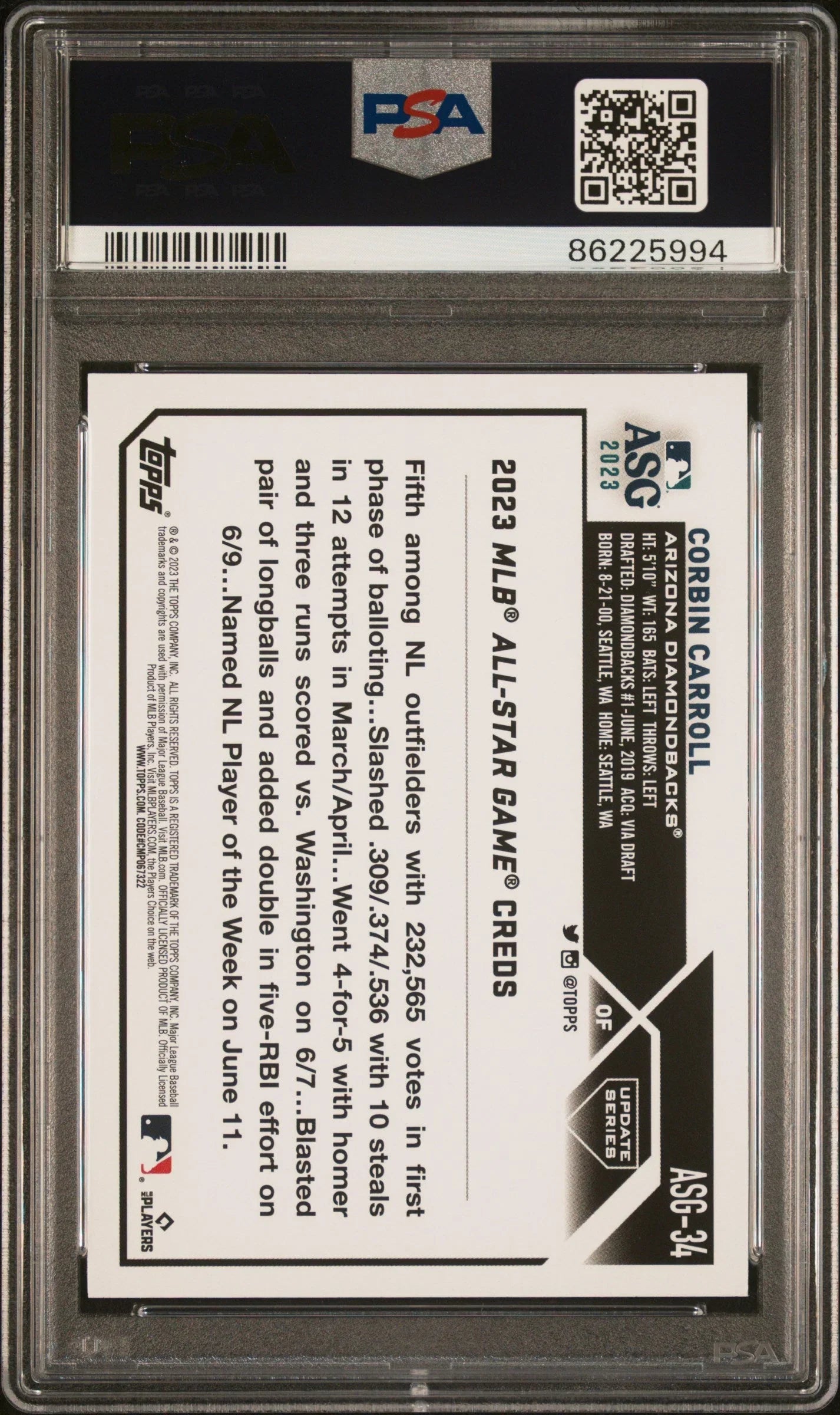 Graded 2023 Topps Update Corbin Carroll #ASG34 All Star Game Rookie RC Baseball Card PSA 10 Gem Mint