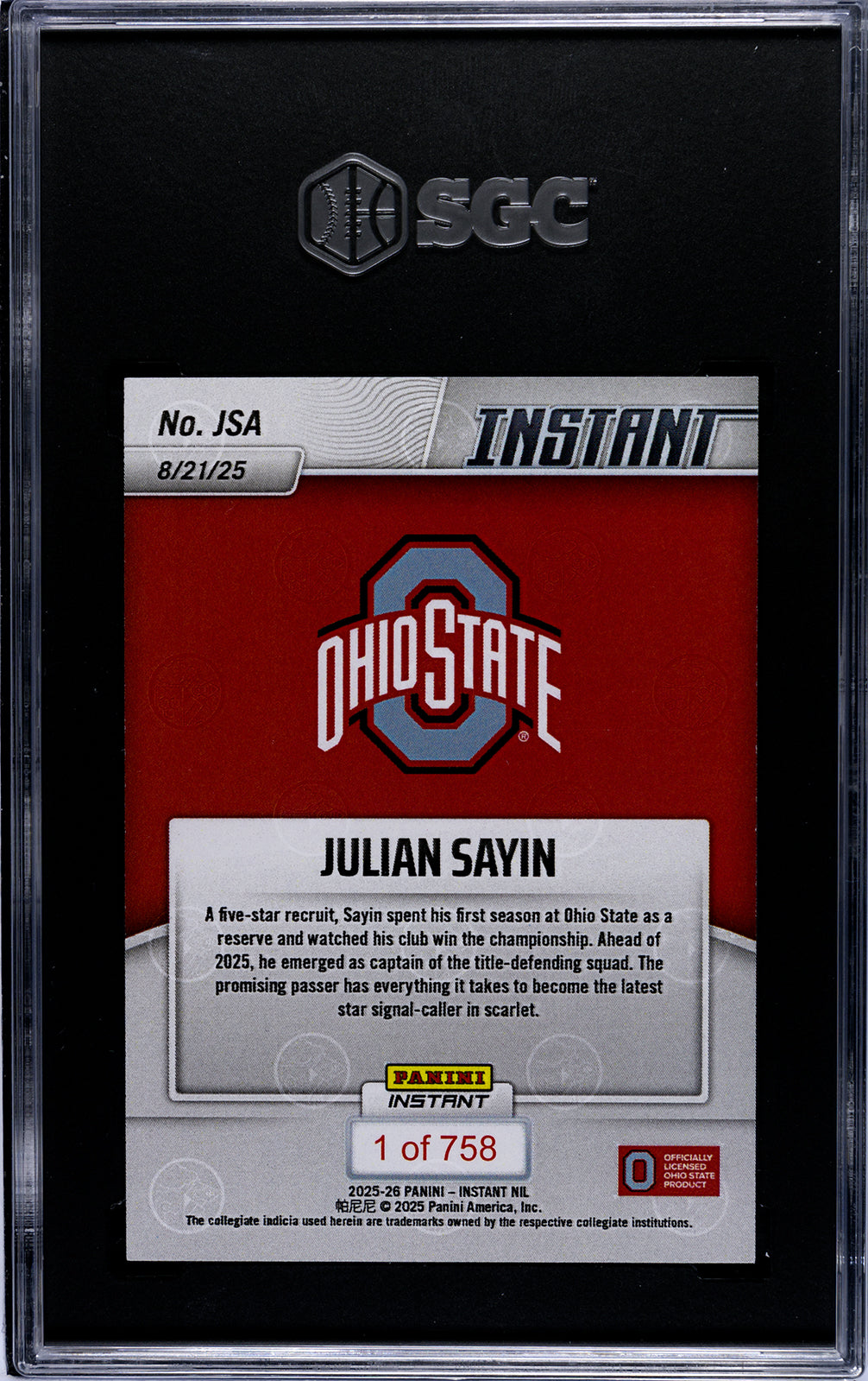 Graded 2025 Panini Instant NIL Julian Sayin #JSA Rookie RC Football Card SGC 10 Gem Mint