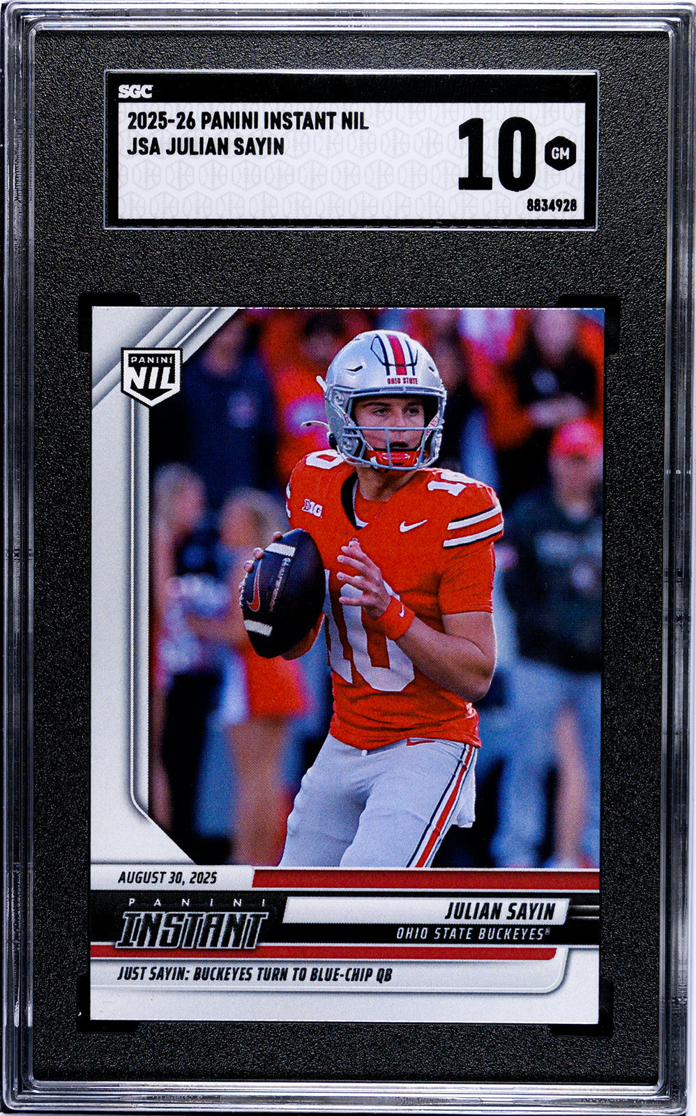 Graded 2025 Panini Instant NIL Julian Sayin #JSA Rookie RC Football Card SGC 10 Gem Mint