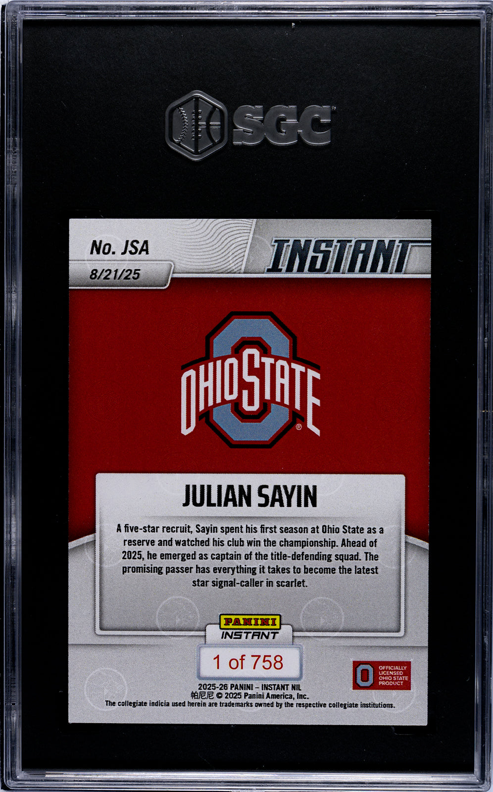 Graded 2025 Panini Instant NIL Julian Sayin #JSA Rookie RC Football Card SGC 9.5 Mint