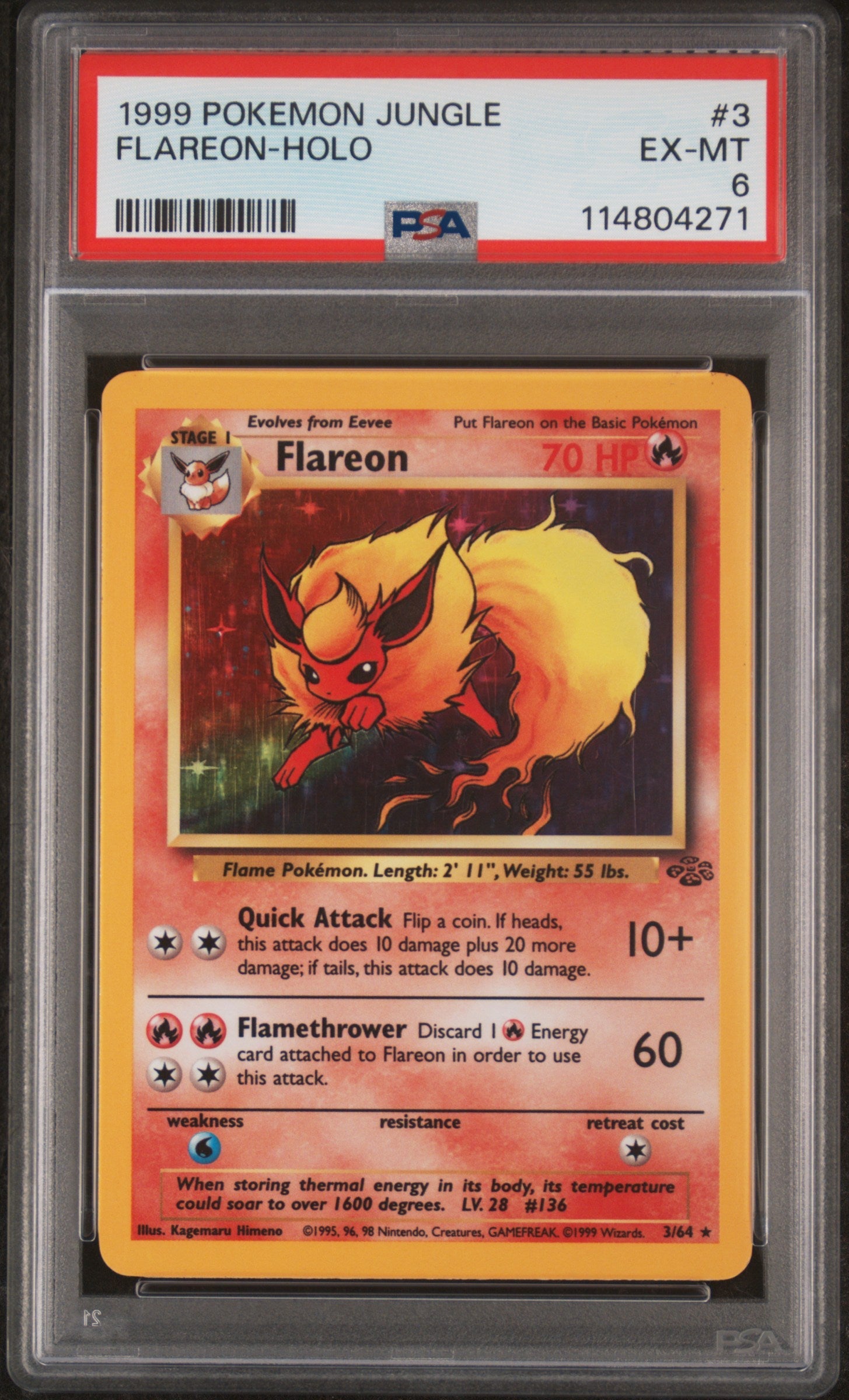 Flareon-Holo 1999 Pokemon Jungle #3 PSA 6