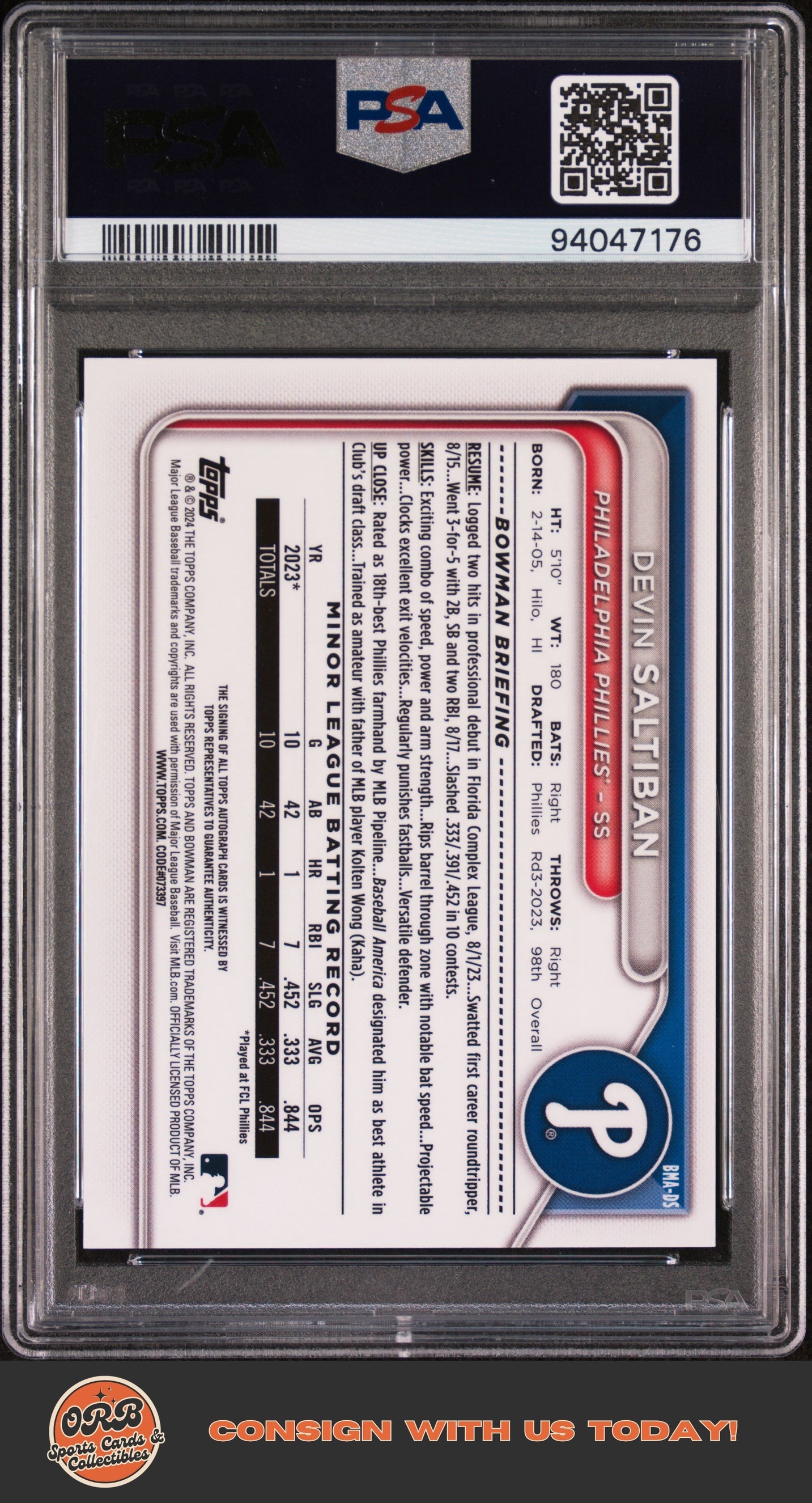 Devin Saltiban 2024 Bowman Chrome  Prospect Auto Prospect Green PSA 10