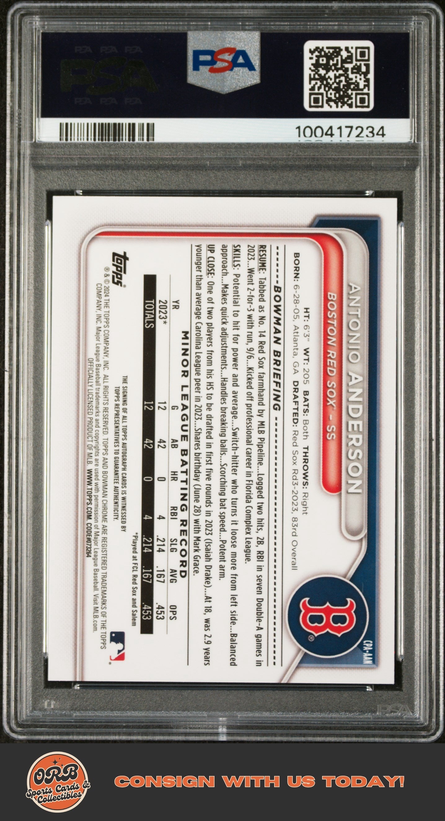 Antonio Anderson 2024 Bowman Chrome Prospect Auto Speckle Ref PSA 10