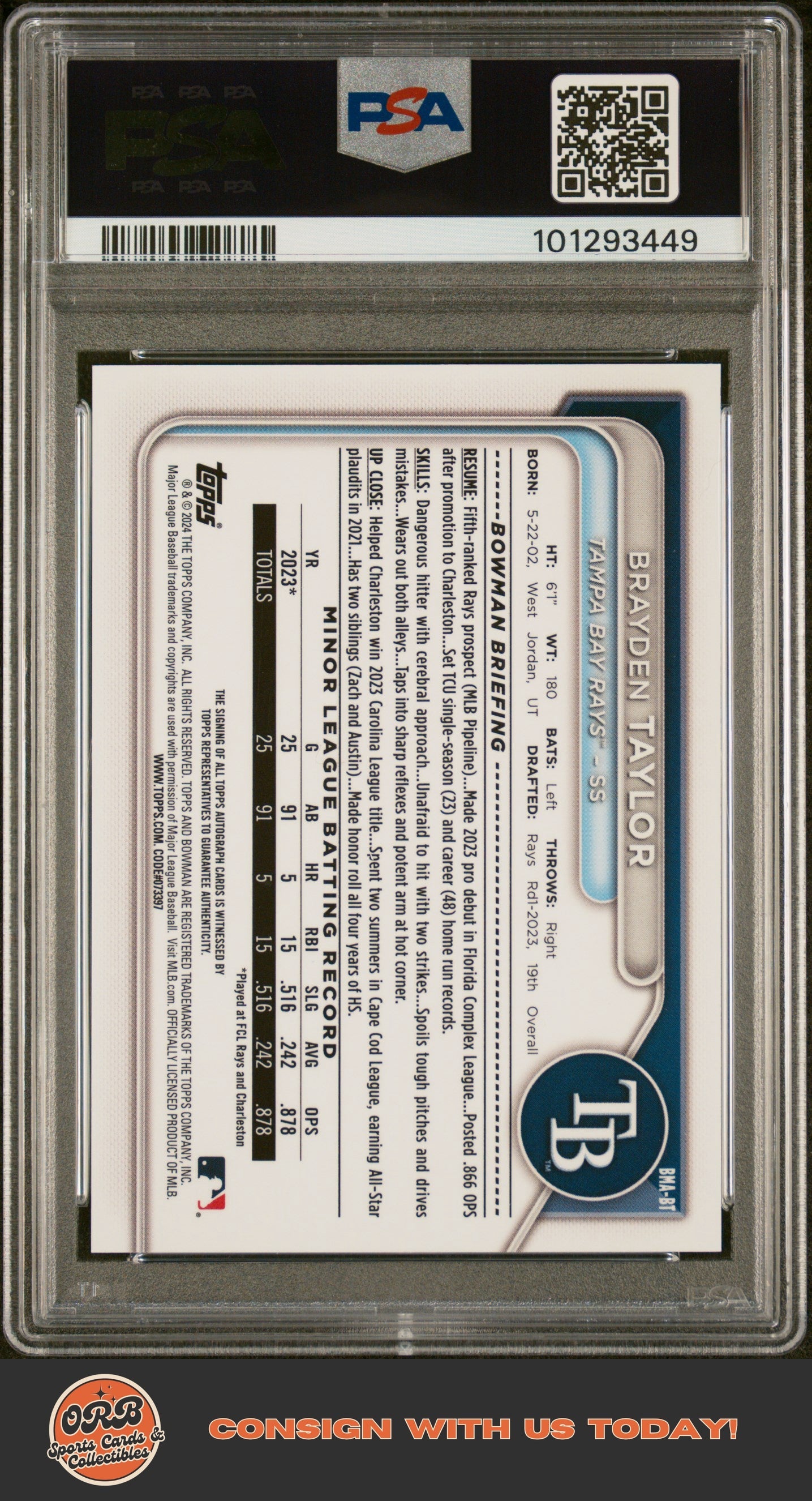 Brayden Taylor 2024 Bowman Chrome Prospect Auto PSA 10