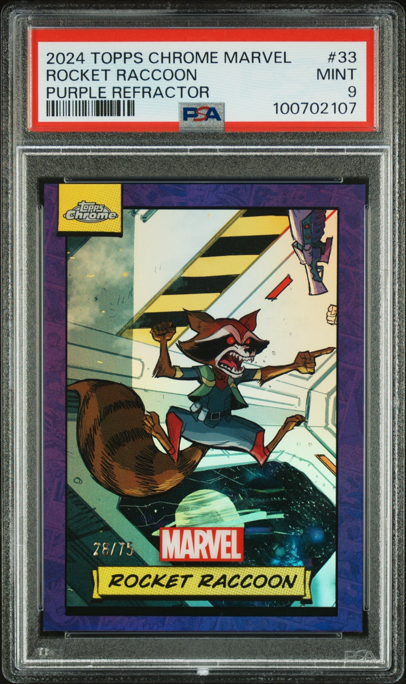 Rocket Raccoon 2024 Topps Chrome Marvel #33 Purple Refractor PSA 9
