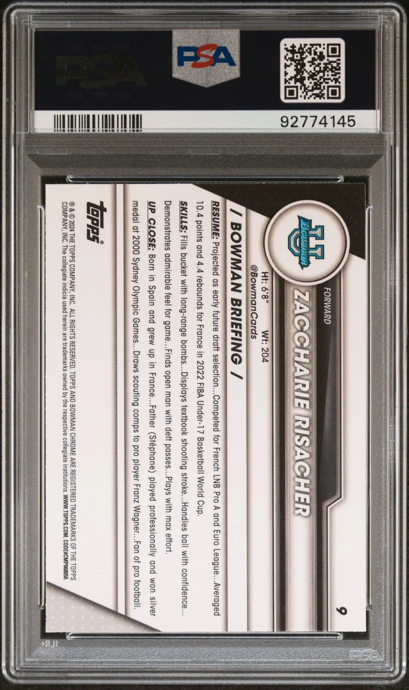 Graded 2023 Topps Bowman U Sapphire Zaccharie Risacher #9 Rookie RC Basketball Card PSA 10 Gem Mint
