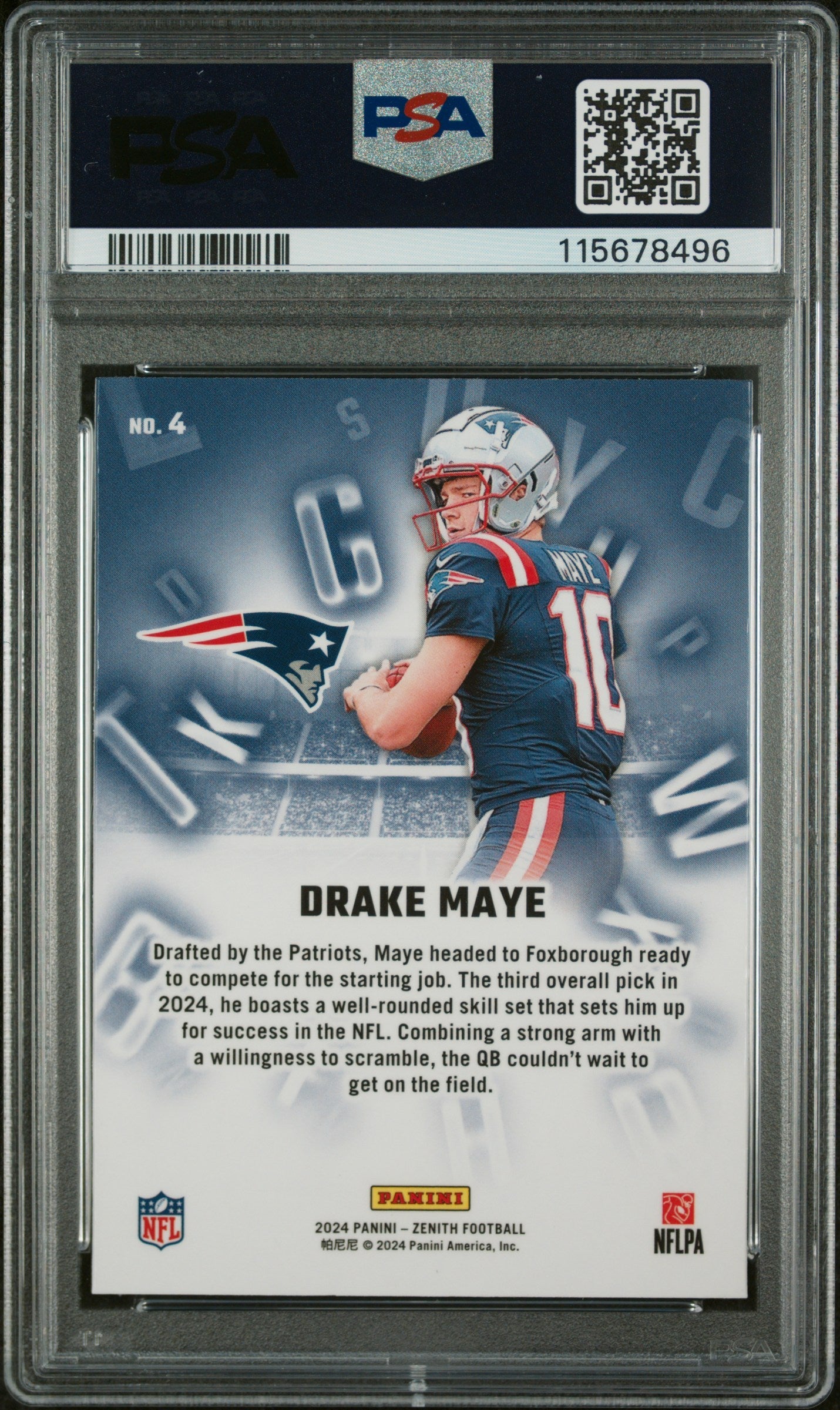 Graded 2024 Panini Zenith Drake Maye #4 A to Z Rookie RC Football Card PSA 10 Gem Mint