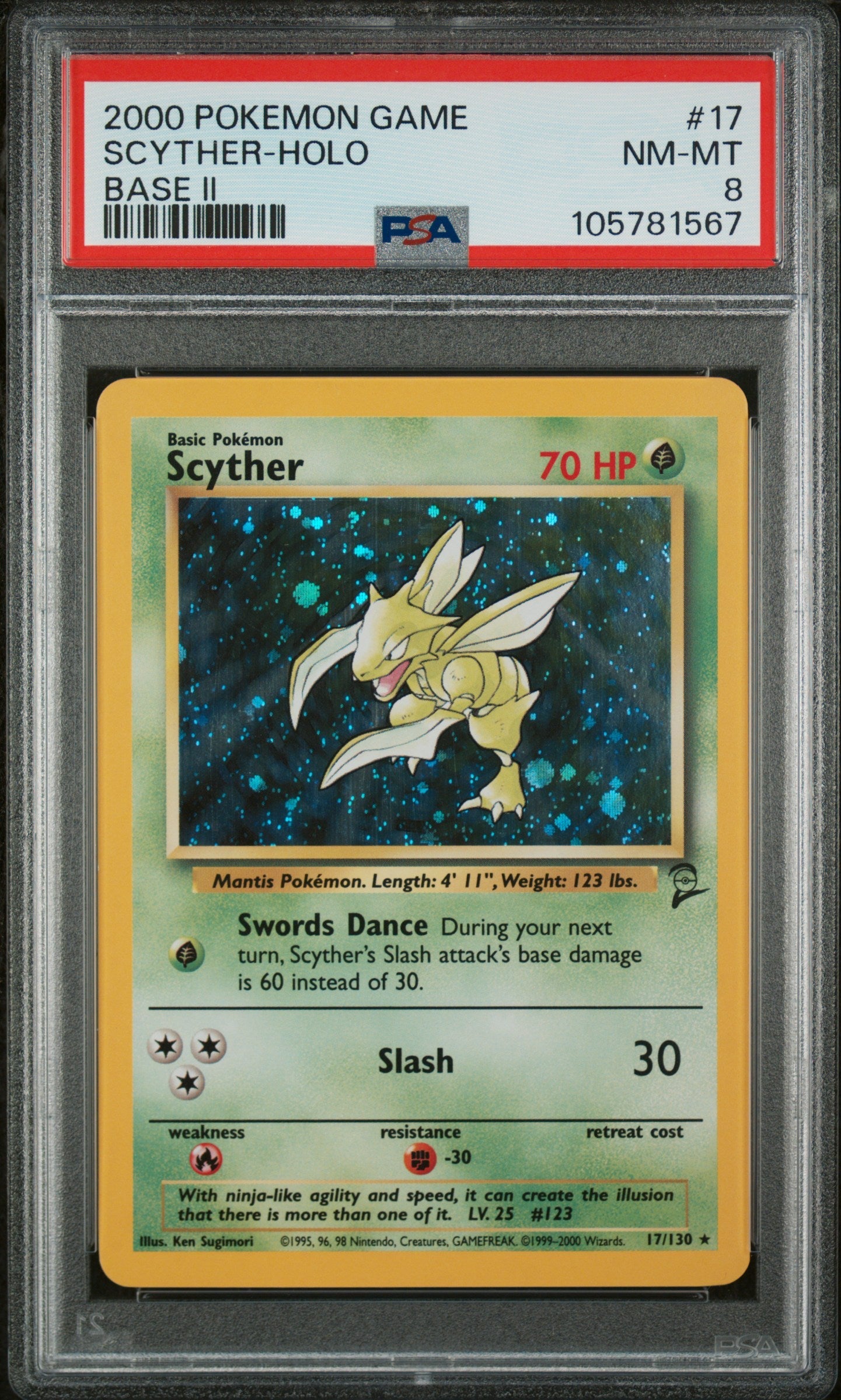 Scyther-Holo 2000 Pokemon Game Base Ii #17 Base Ii PSA 8