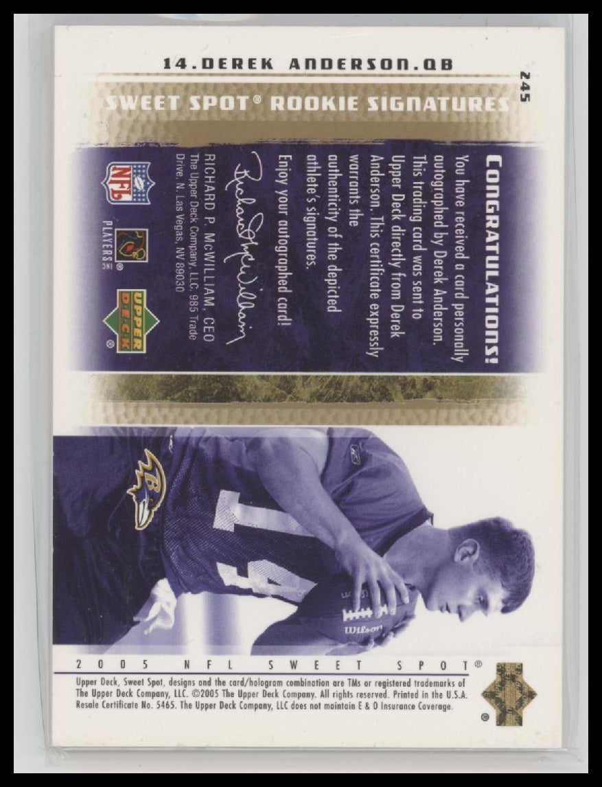 Derek Anderson 2005 Upper Deck Sweet Spot #245 Gold Rookie Autographs #/100