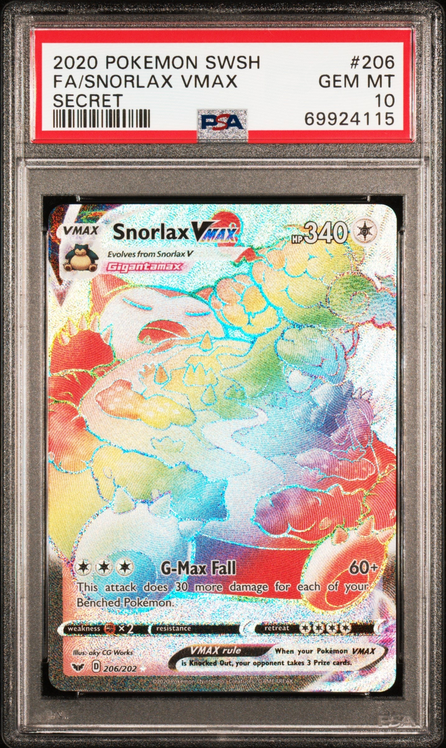 Snorlax Vmax 2020 Pokemon Sword & Shield #206 Secret PSA 10