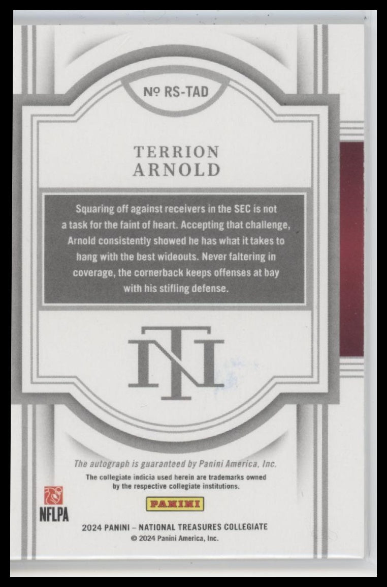 Terrion Arnold 2024 Panini National Treasures Rookie Signatures Silver #/49