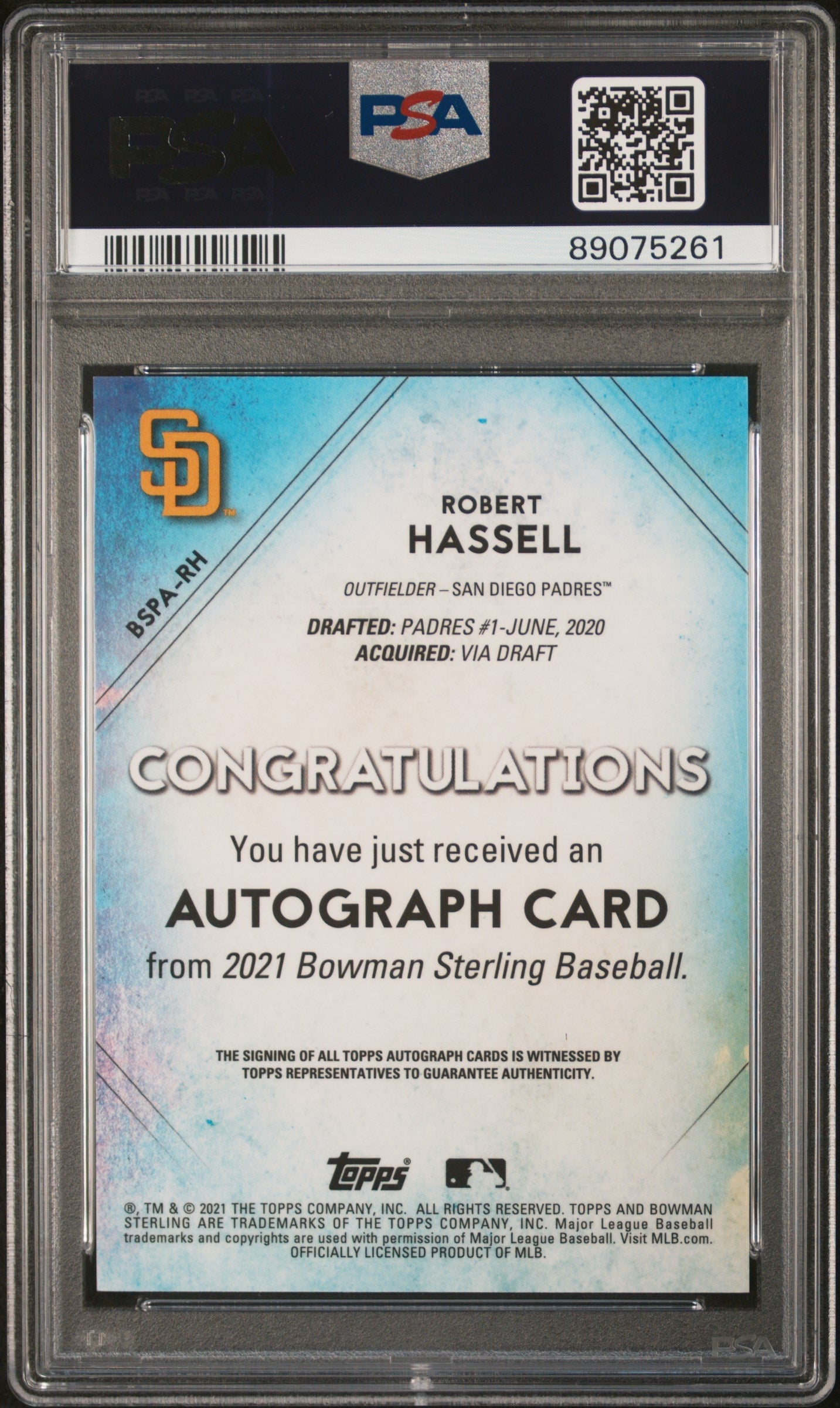 Robert Hassell 2021 Bowman Sterling Prospect Autographs #BSPARH PSA 10