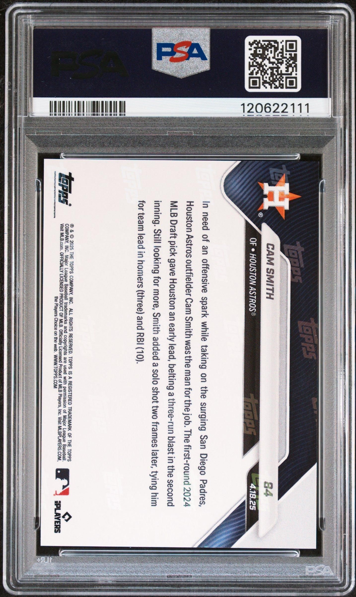 Graded 2025 Topps Now Cam Smith #84 Orange Foil /25 Rookie RC Baseball Card PSA 7 Near Mint