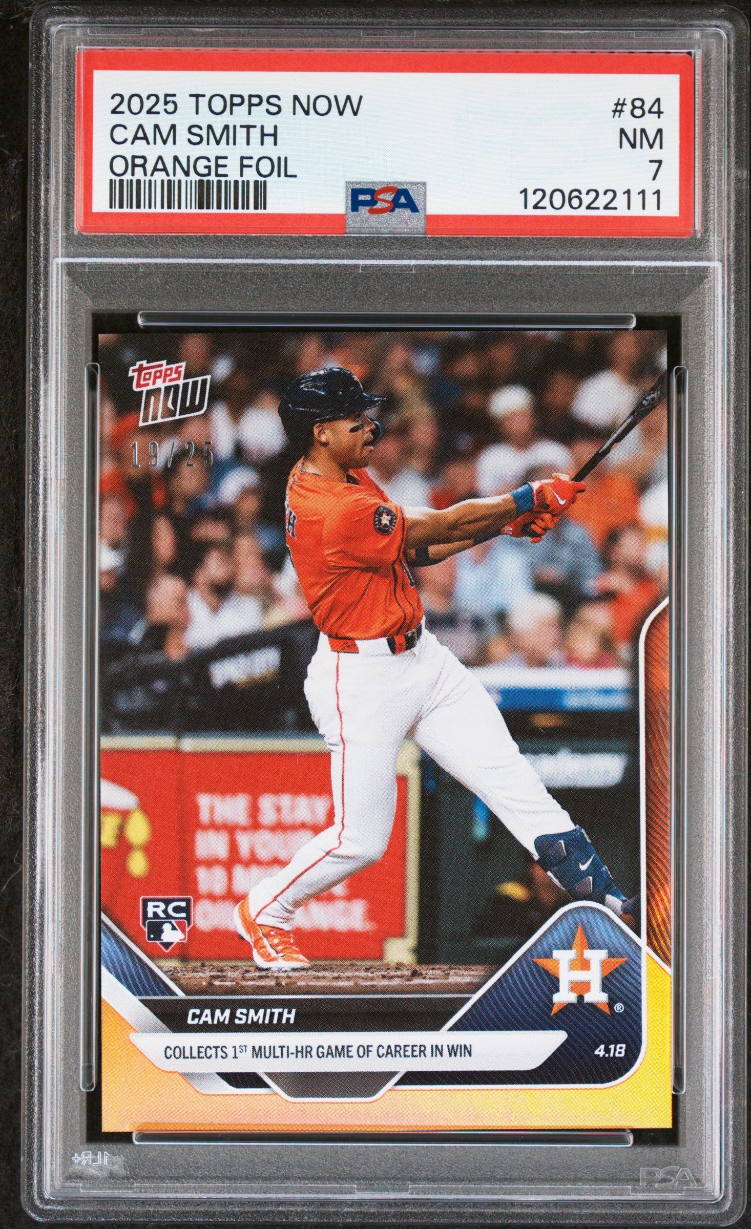 Graded 2025 Topps Now Cam Smith #84 Orange Foil /25 Rookie RC Baseball Card PSA 7 Near Mint