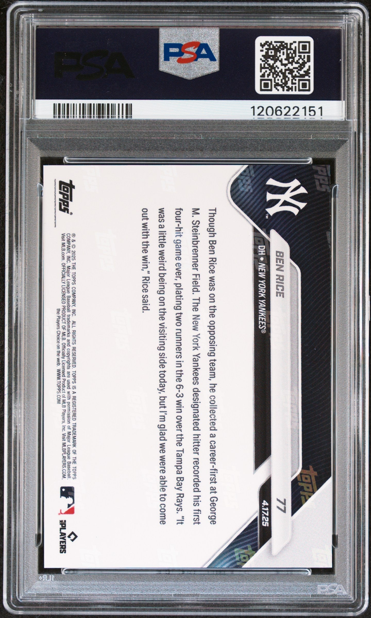 Graded 2025 Topps Now Ben Rice #77 Rookie RC Baseball Card PSA 10 Gem Mint