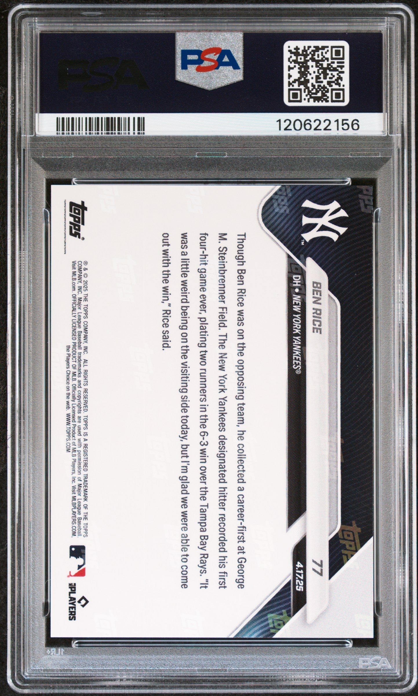 Graded 2025 Topps Now Ben Rice #77 Rookie RC Baseball Card PSA 8 Near Mint