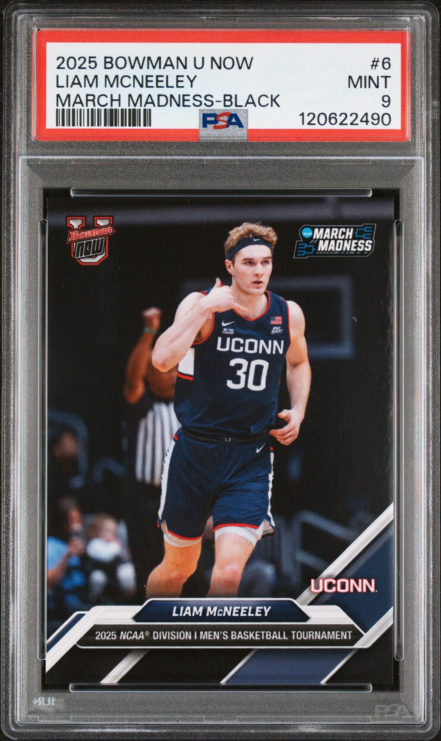Graded 2025 Topps Bowman U Now Liam McNeeley #6 March Madness Black Rookie RC Basketball Card PSA 9 Mint