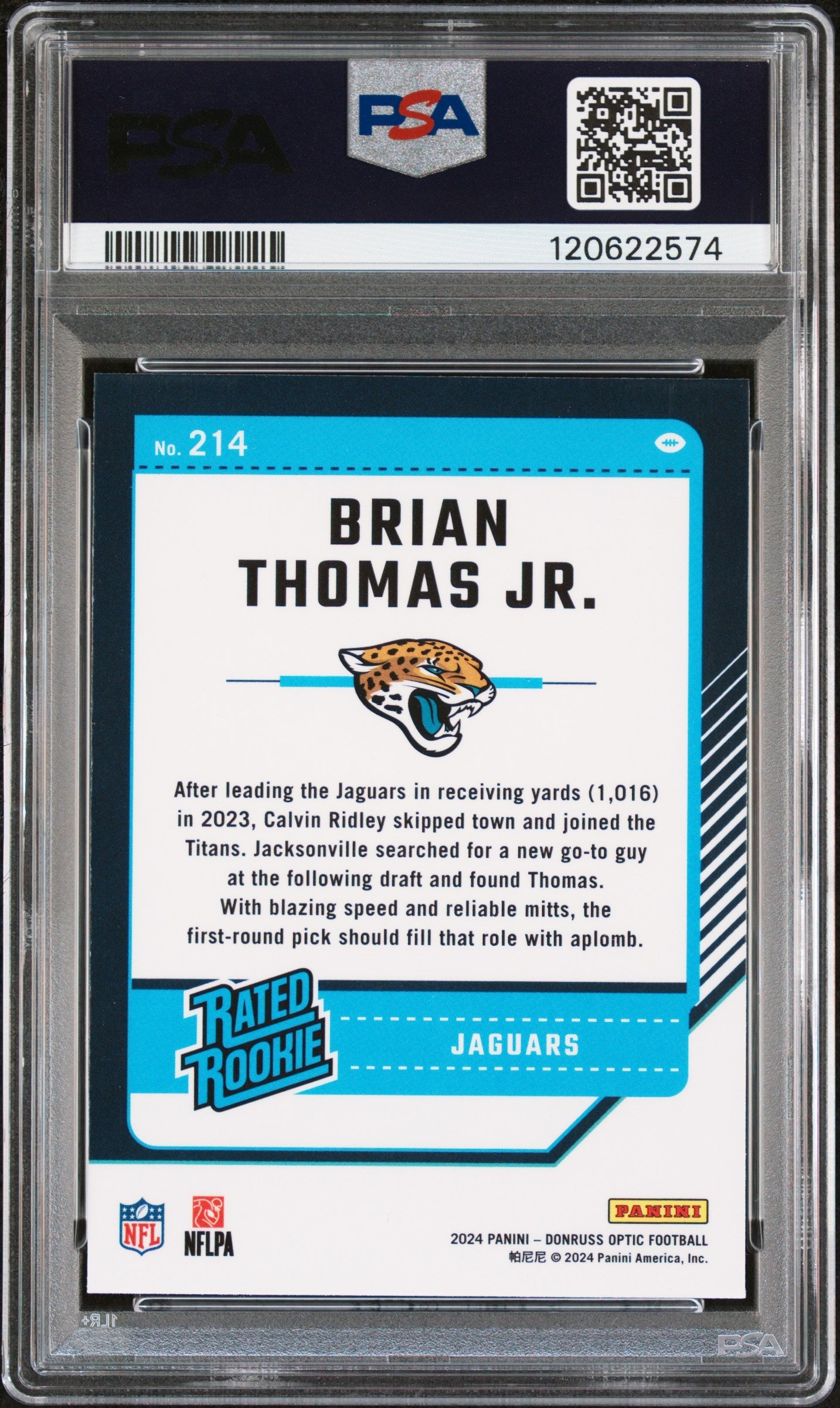 Graded 2024 Panini Donruss Optic Brian Thomas Jr. #214 Rookie RC Football Card PSA 8 Near Mint