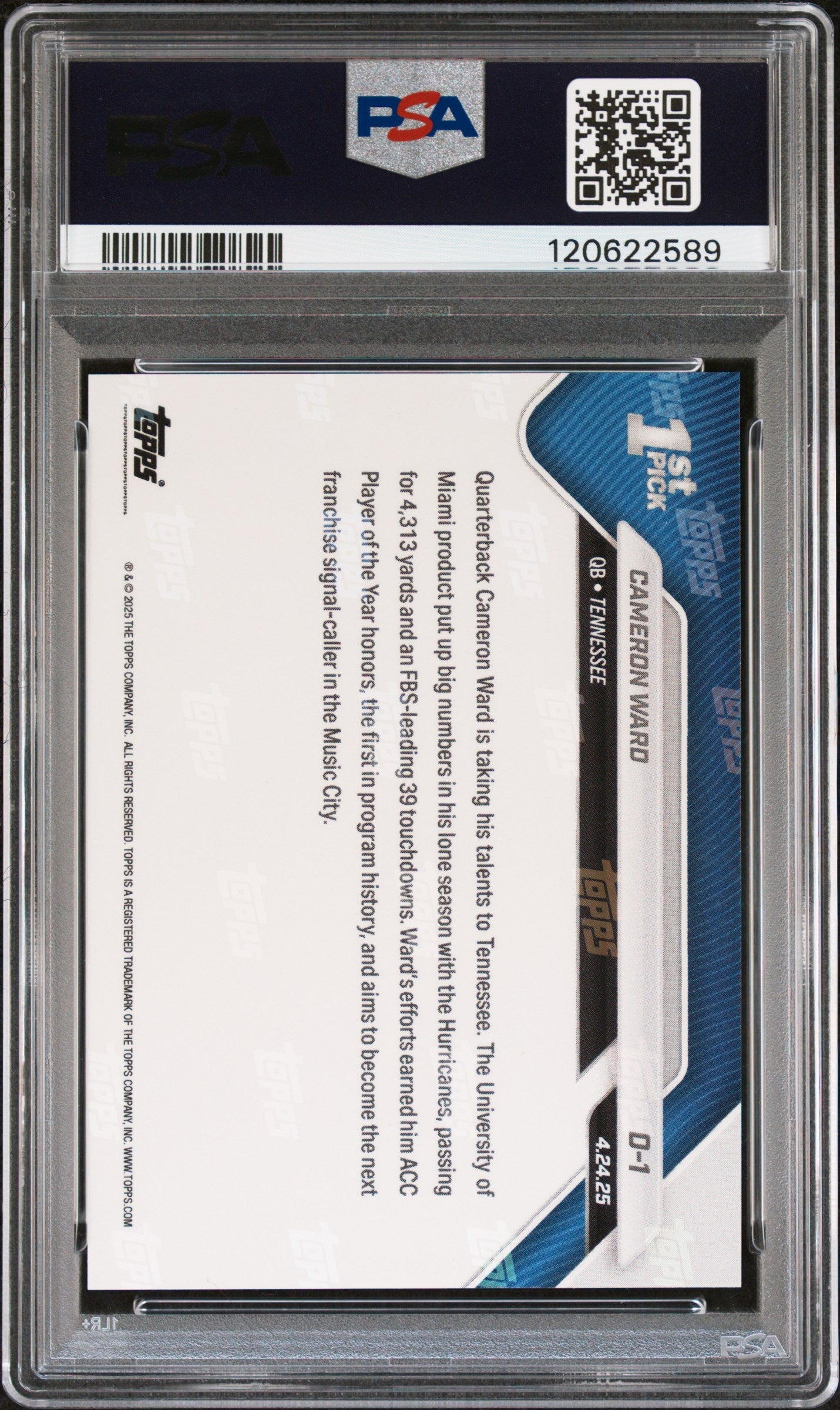 Graded 2025 Topps Now Cam Ward #D1 Rookie RC Football Card PSA 8 Near Mint