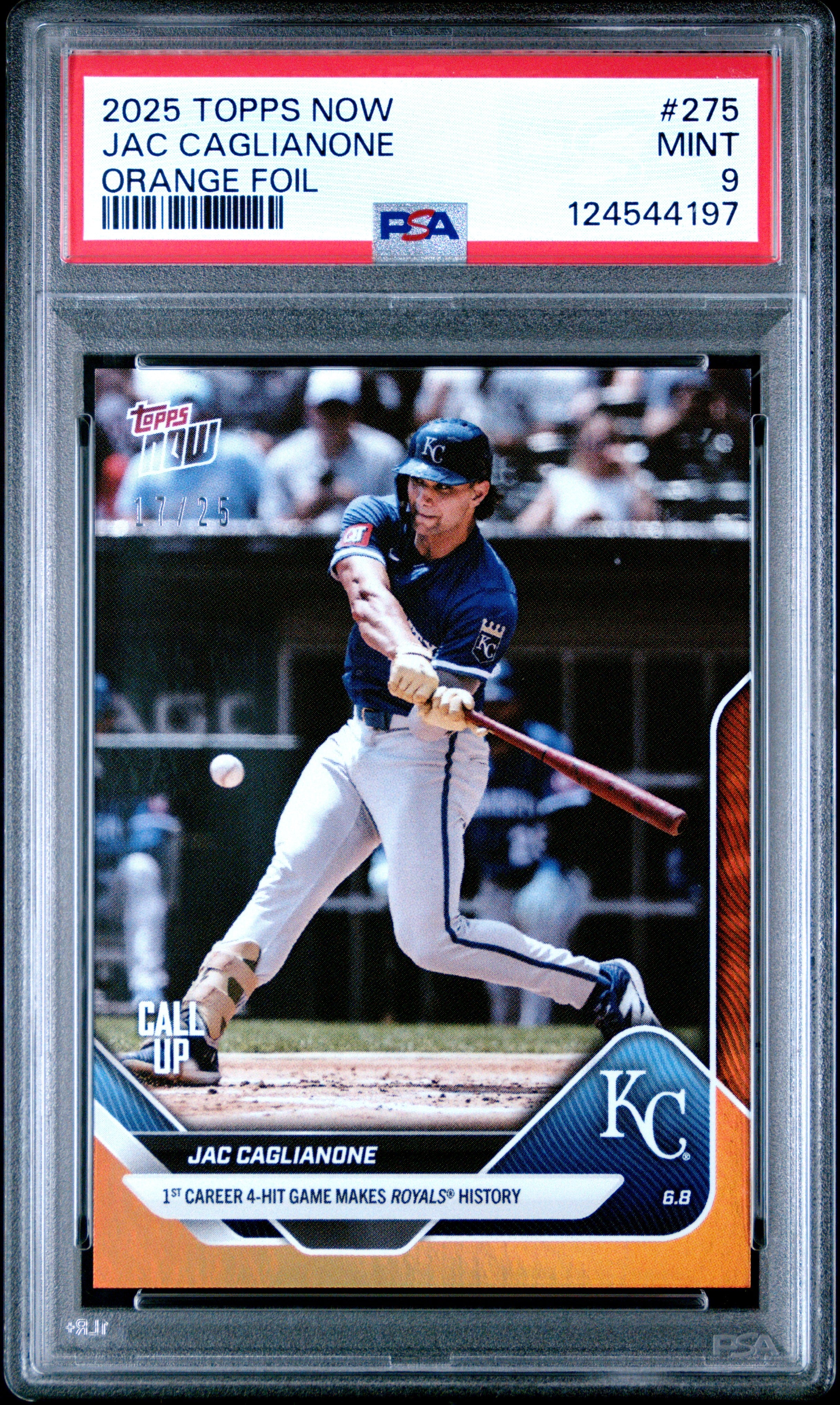 Graded 2025 Topps Now Jac Caglianone #275 Orange Foil /25 Rookie RC Baseball Card PSA 9 Mint