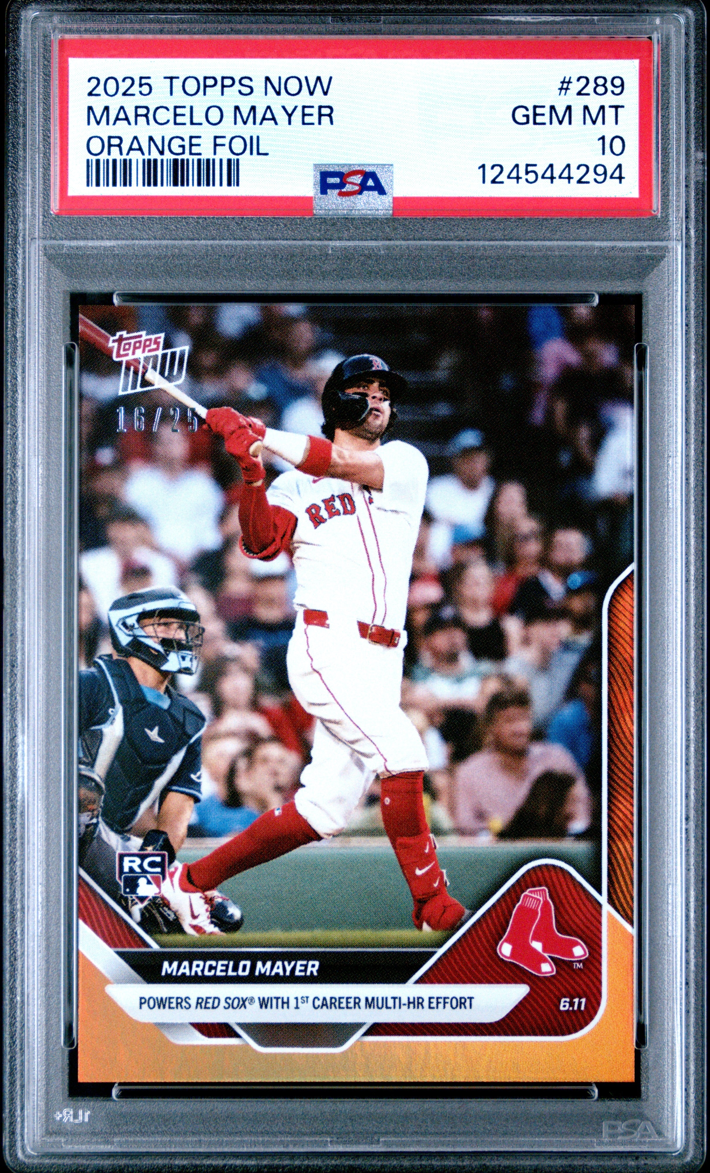Graded 2025 Topps Now Marcelo Mayer #289 Orange Foil /25 Rookie RC Baseball Card PSA 10 Gem Mint