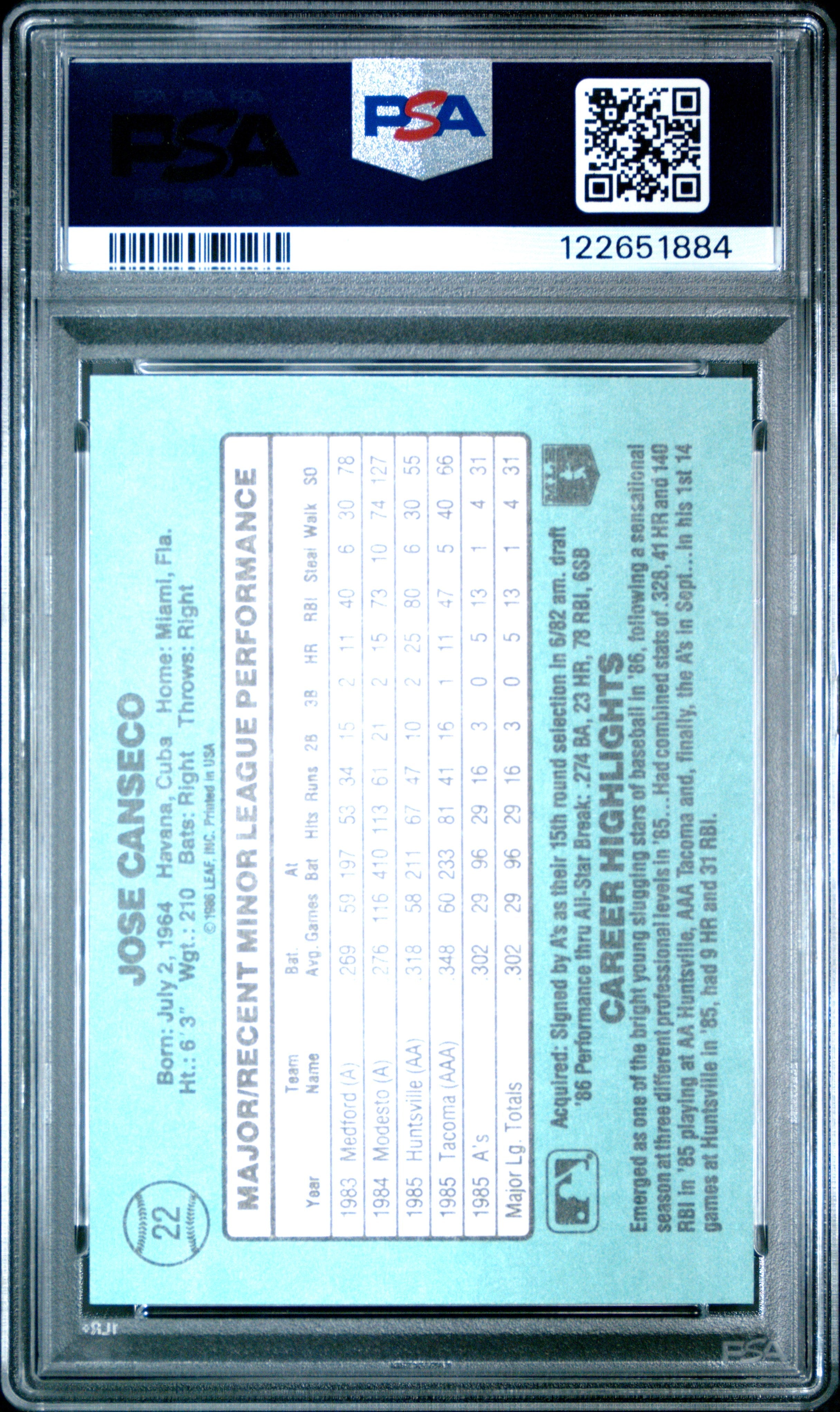 Graded 1986 Donruss The Rookies Jose Canseco #22 Baseball Card PSA 8 Near Mint