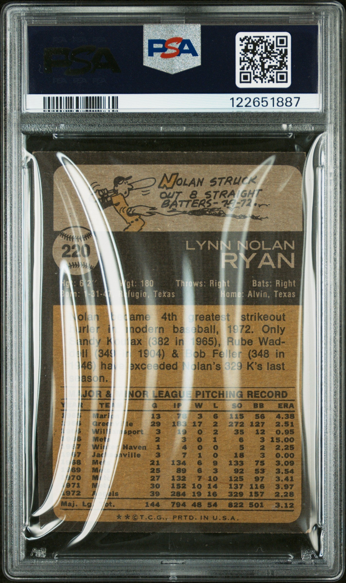 Graded 1973 Topps Nolan Ryan #220 Baseball Card PSA 4 Very Good