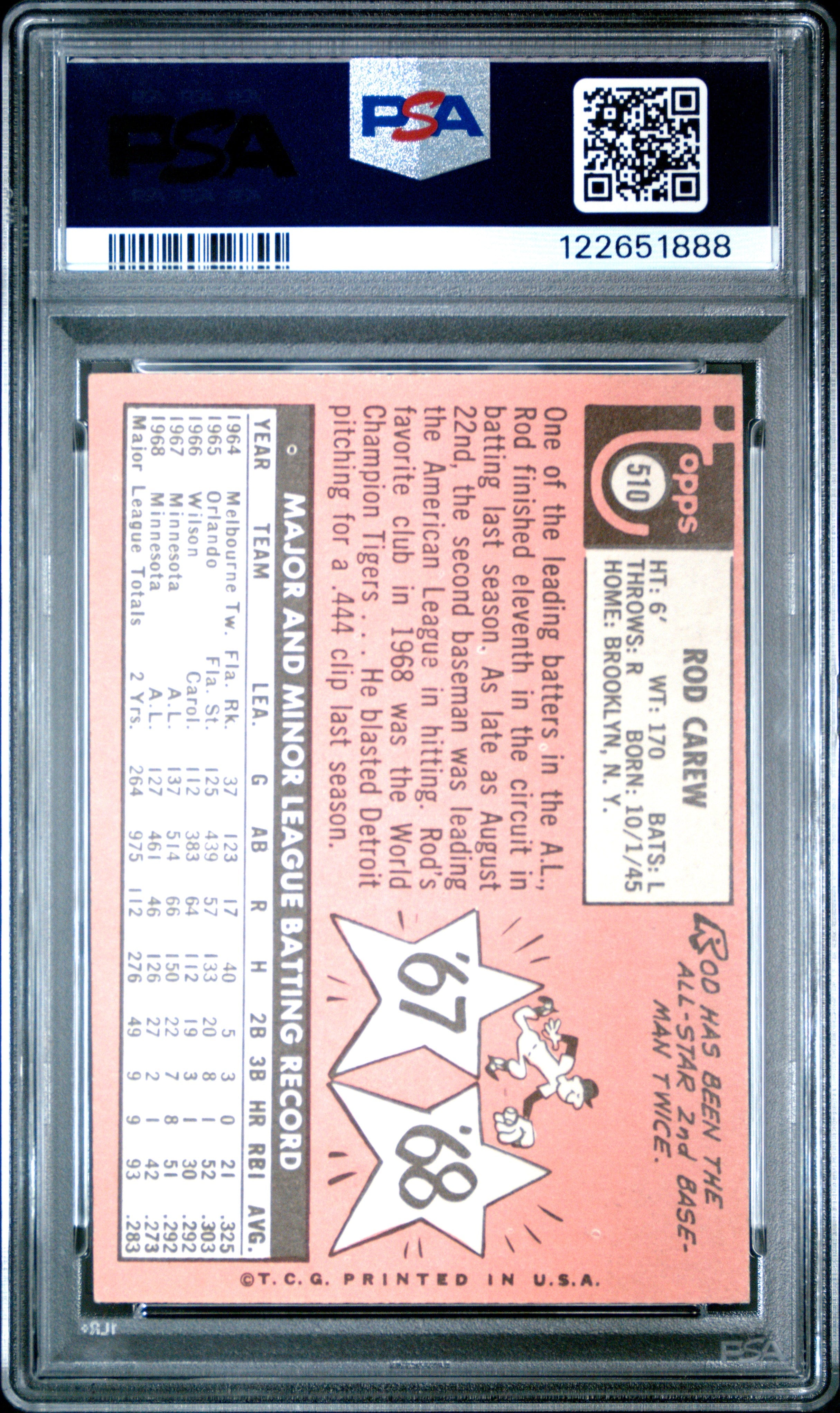 Graded 1969 Topps Rod Carew #510 Baseball Card PSA 4 Very Good