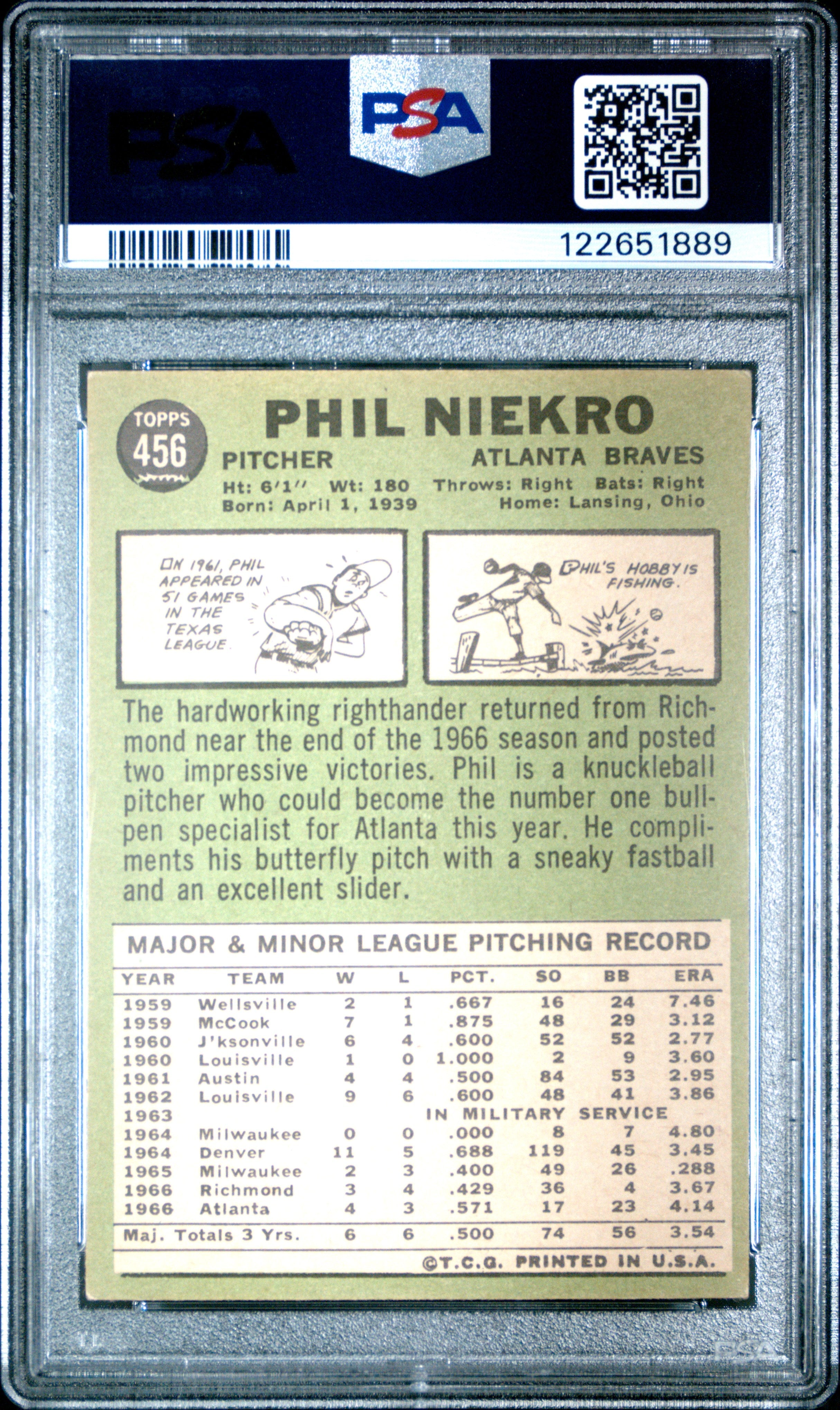 Graded 1967 Topps Phil Niekro #456 Baseball Card PSA 4 Very Good