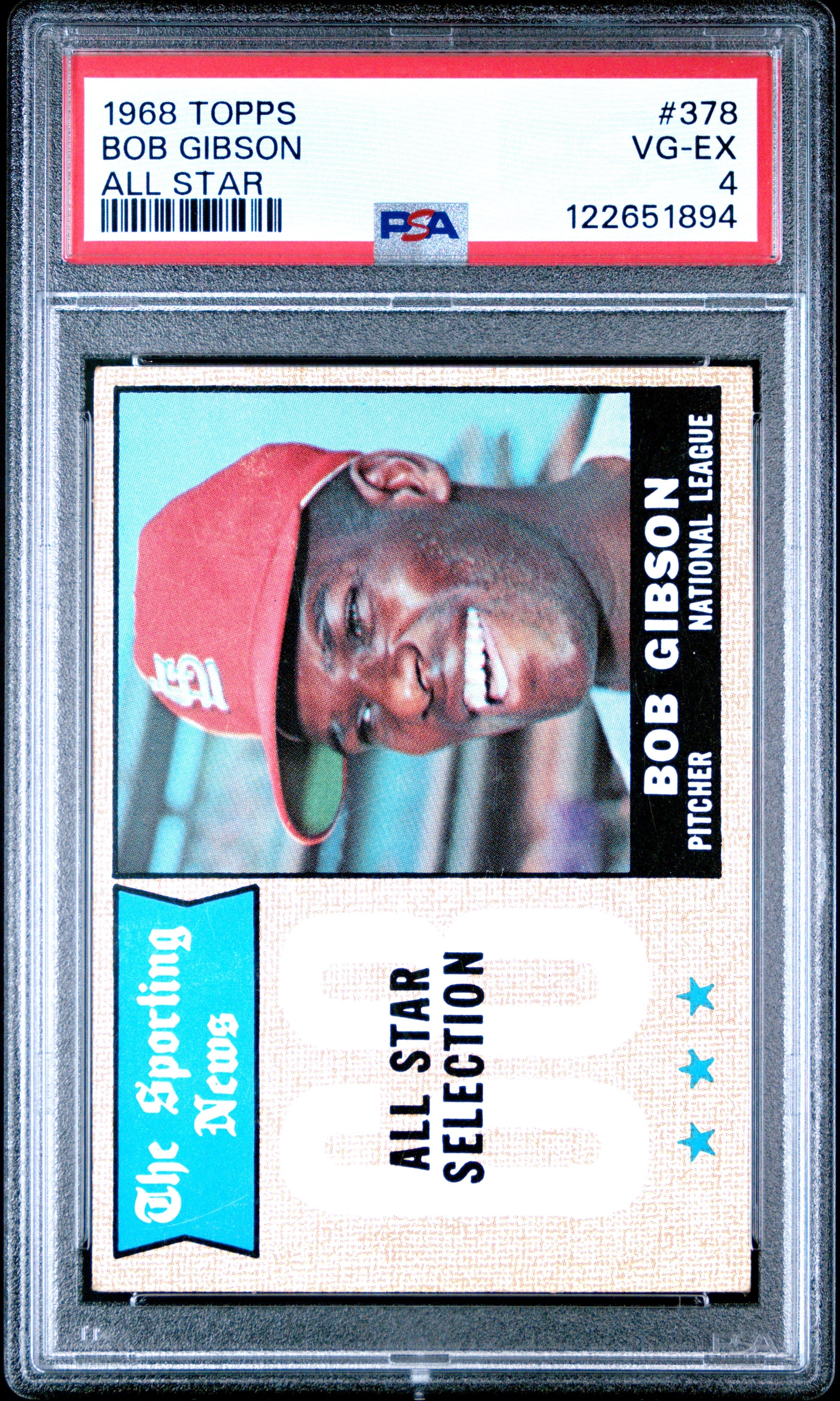 Graded 1968 Topps Bob Gibson #378 Baseball Card PSA 4 Very Good